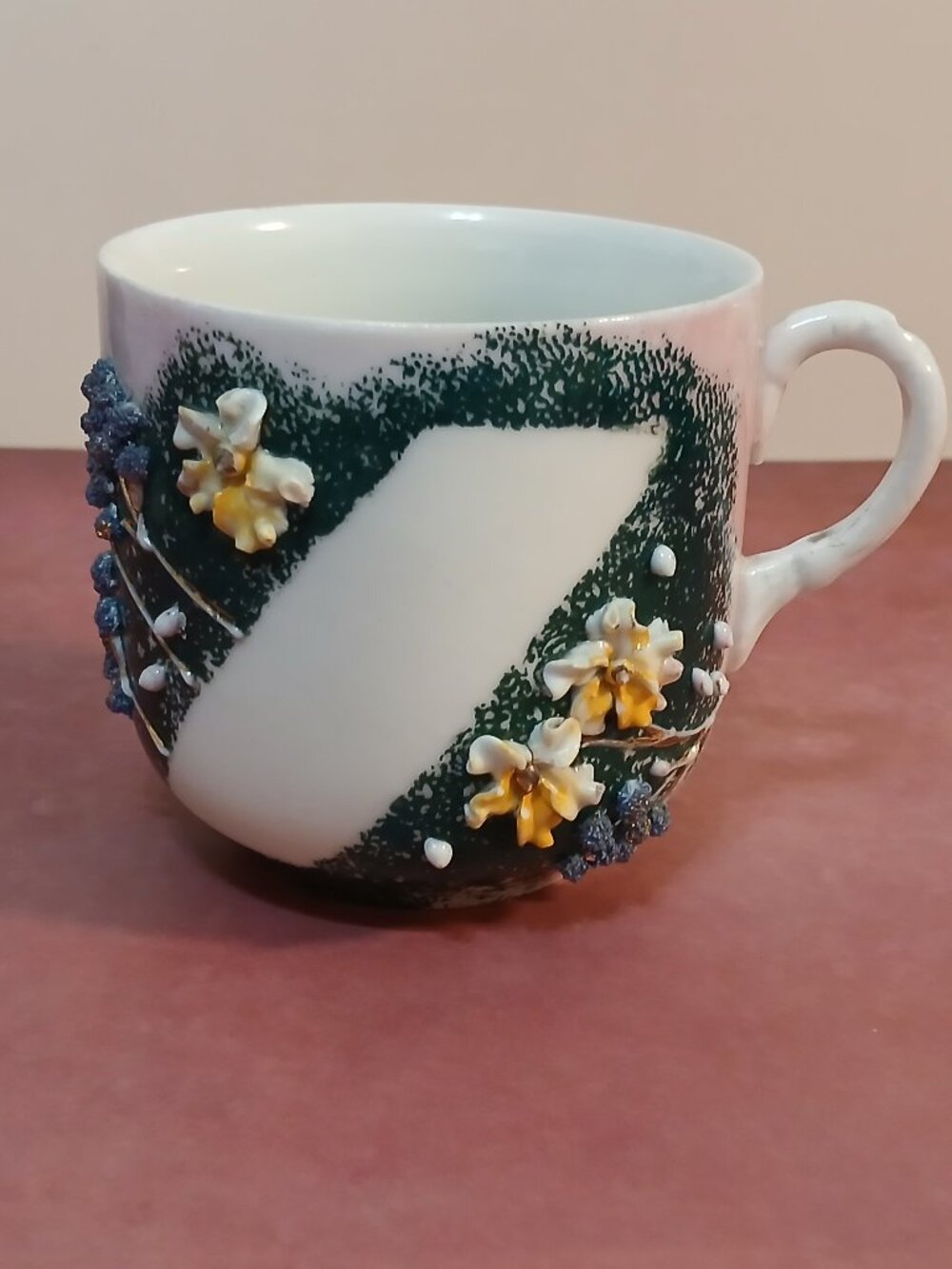 Vintage Lusterware Porcelain Mustache Cup w/ 3-D Floral Design